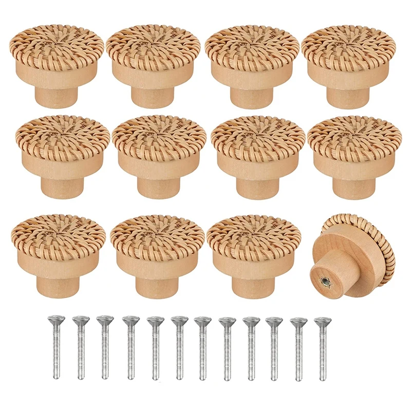 Boho Rattan Dresser Knobs Rodada Puxadores de Gaveta de Madeira para Roupeiro Móveis Cozinha Armário Door Handle 12 Pcs