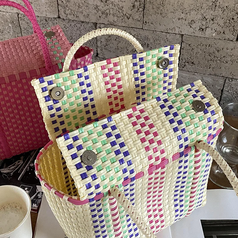 2023 New Women's Woven Handheld Vegetable Basket Mother's Bag Vertical Style Beach Holiday Waterproof Handbags