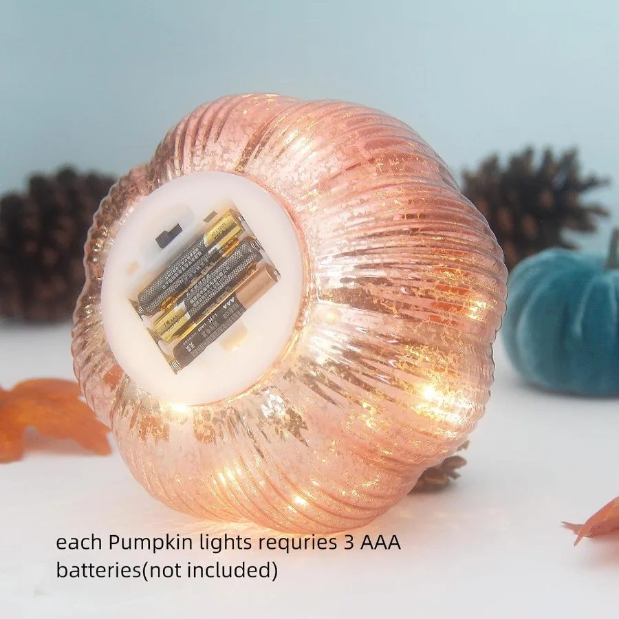 Rustic Decorative Battery Operated LED Pumpkin Lights with Timer for Halloween and Thanksgiving Fall Season Rosegold FineStripe