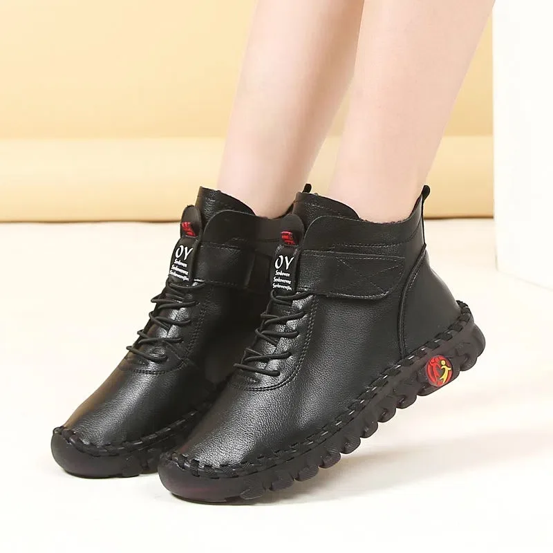 Woman Shoe Autumn Loafers Lace Up Sneakers Casual Flats Solid Soft Bottom Boot Leather High-Top Sneaker Female Shoes Size 36-43