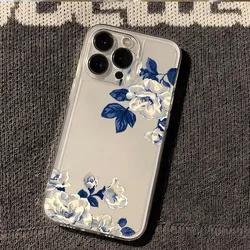 Blue Leaf White Flower Pattern Transparent Phone Case Cover - Galaxy S23 Ultra (2)