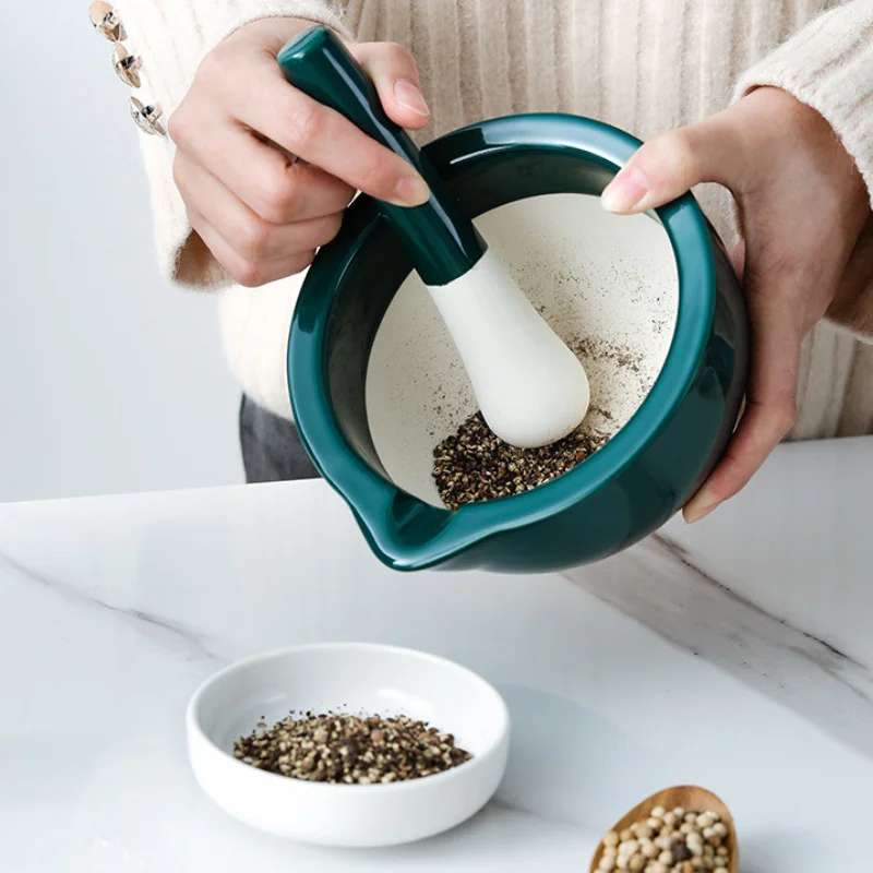 Porcelain Mortar and Pestle Spice Garlic Herb Grinder Mixing Grinding Bowl Crusher Set Restaurant Kitchen Tools