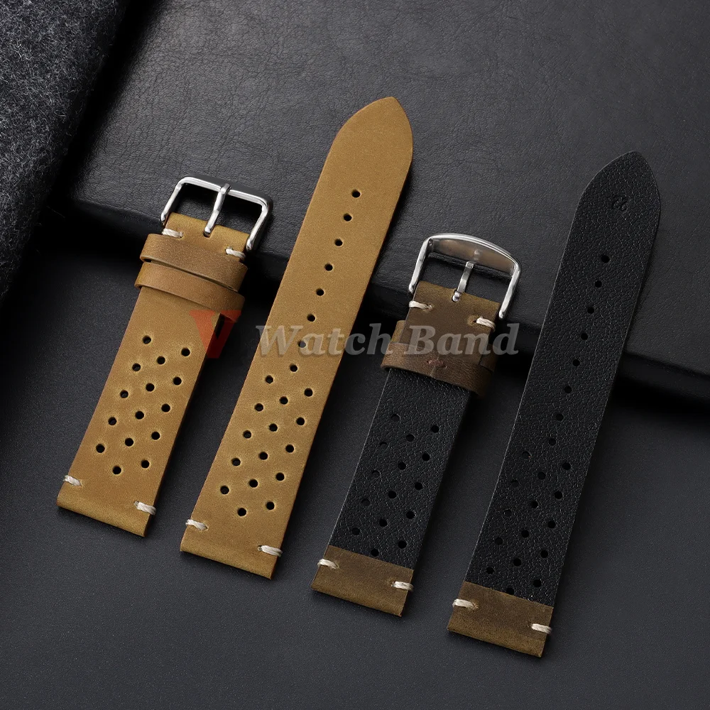 Handmade Dark Brown Vintage Racing Leather Watch Strap - Breathable and Porous Design