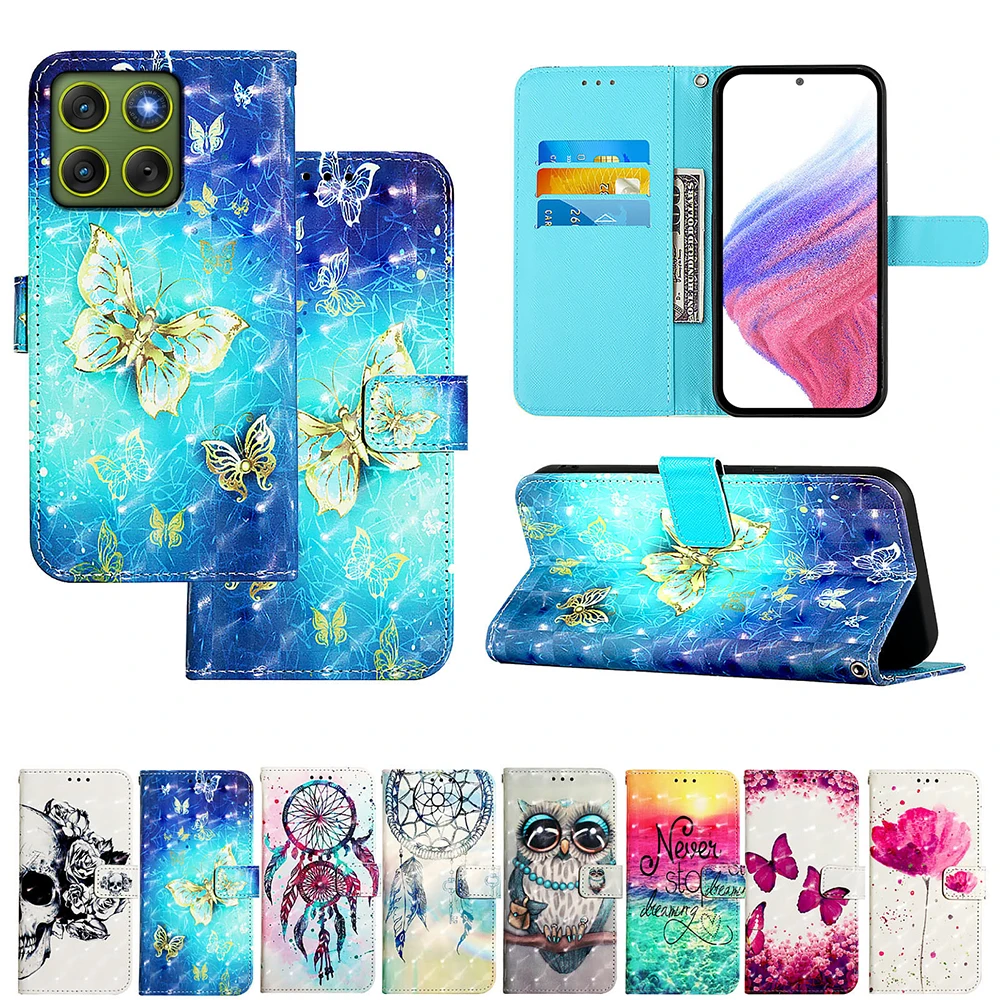 Chic Painted PU Leather Flip Phone Case with Wallet Stand and Card Holder Strap