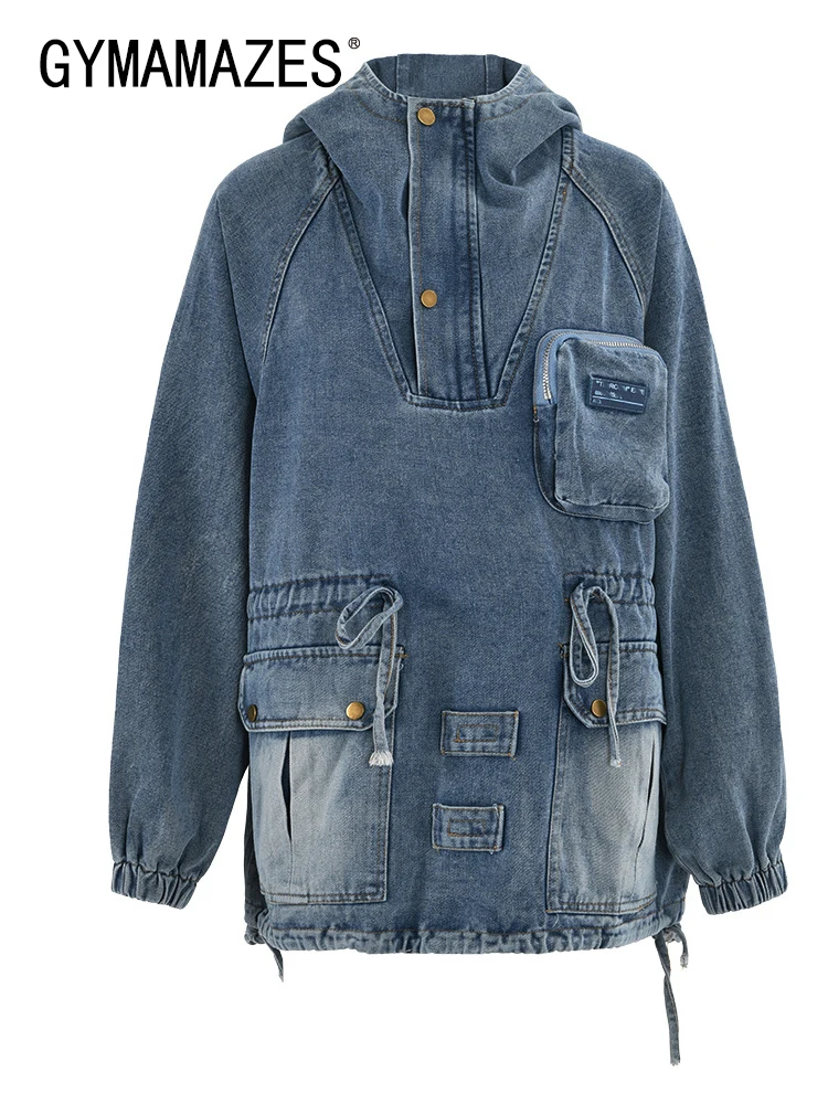 

GYMAMAZES Patchwork Pockets Casual Loose Pullover Denim Jackets For Women Hooded Long Sleeve Streetwear Jacket Female Fashion