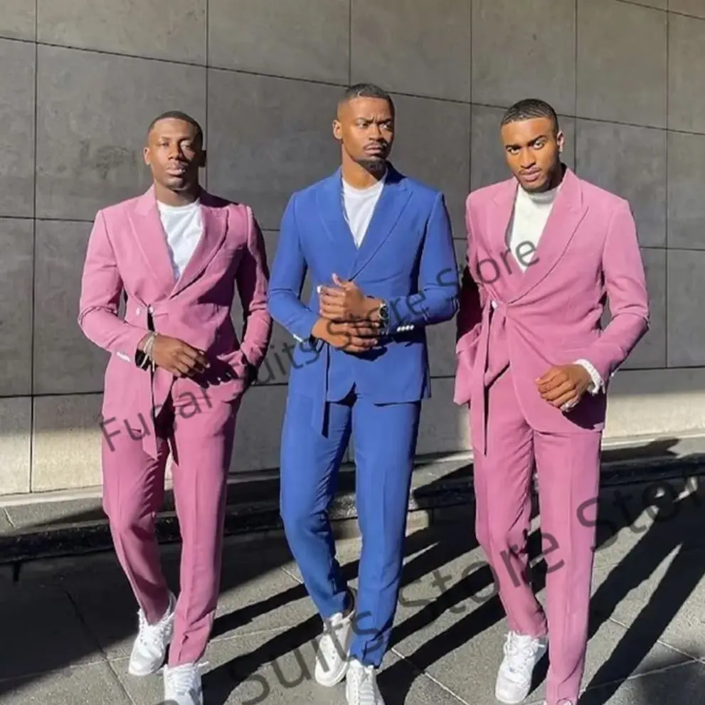 Casual Blue Fashion Suits For Men Slim Fit Peak Lapel Groom Tuxedos Formal Prom 2Pcs Sets High Qublity Male Blazer Costume Homme