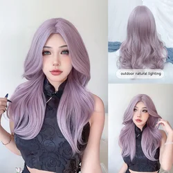 24Inch Taro Grey Color Synthetic Wigs Middle Part Long Natural Wavy Hair Wig For Women Daily Use Cosplay Party Heat Resistant