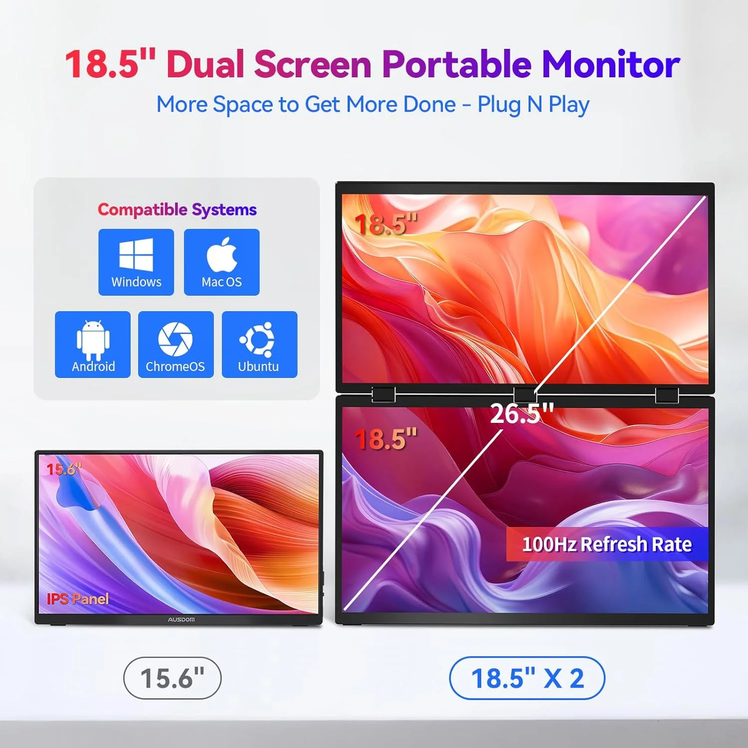 18.5인치 100HZ 듀얼 휴대용 모니터 1920*1080P FHD IPS 16:9 Type-C 미니 HDMI 맥 노트북 PC 스위치2 Xbox PS4/5 Xbox Ship
