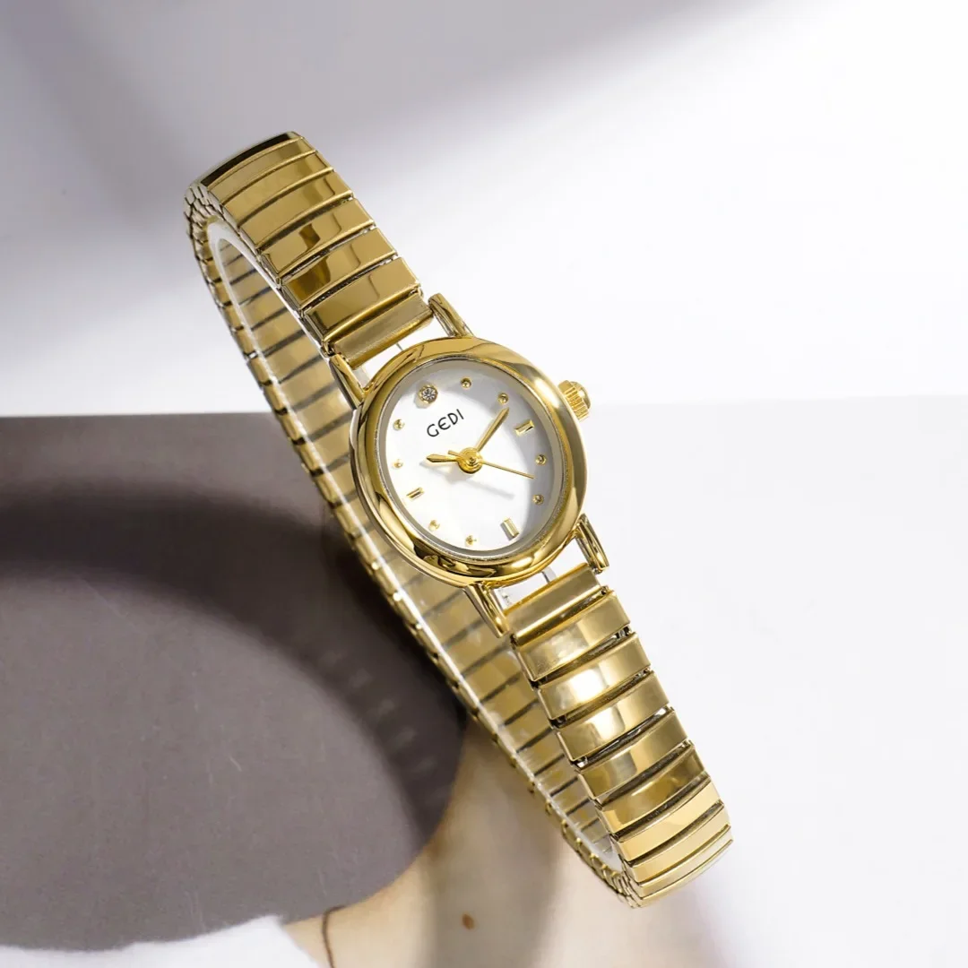 Women's Small Wrist Quartz Watch - Silver, Grey, and Gold Oval Design with Stainless Steel Band