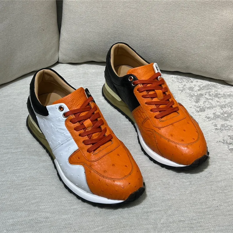 

Authentic Real True Ostrich Skin Mixed Orange Unisex Women Men Lace-up Sneakers Genuine Exotic Leather Male Female Casual Flats