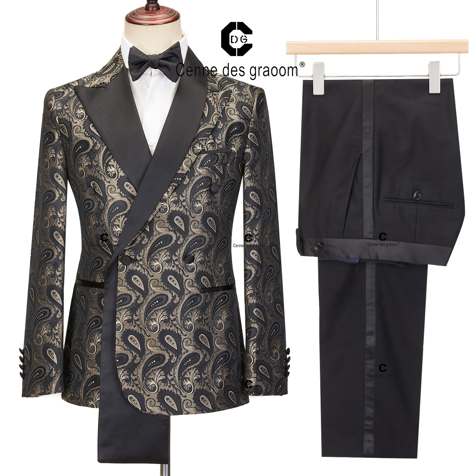 Cenne Des Graoom 2024 New Double-breasted Tuxedo Suits for Men Floral Paisley Jacquard Blazers Pants Wedding Party Wear Prom ﻿ 4
