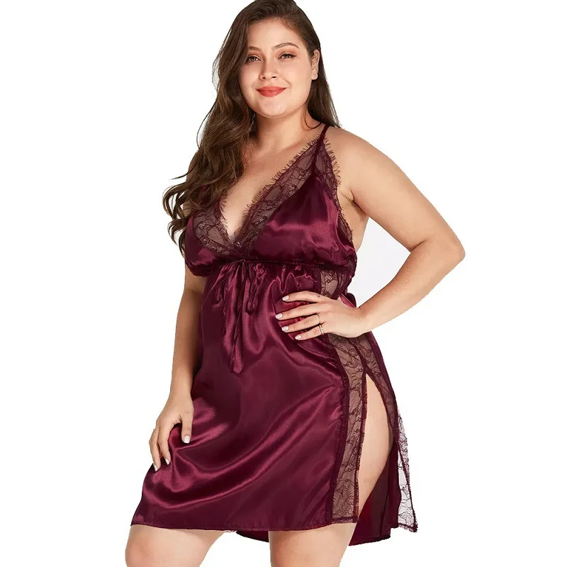 

Exotic Women Lace Night Dress Nighties Nightgown Plus Size Satin Lingerie Sleepwear Summer Nightwear Deep V Sleepshirts