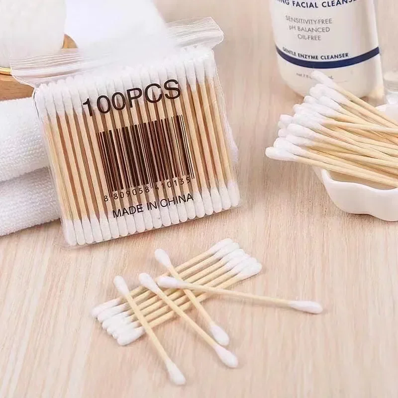 100 szt. Dwugłowicowy bawełniany kijki bambusowe wacik wacik jednorazowe pąki bawełniane do makijażu kosmetycznego do czyszczenia uszu w nosie