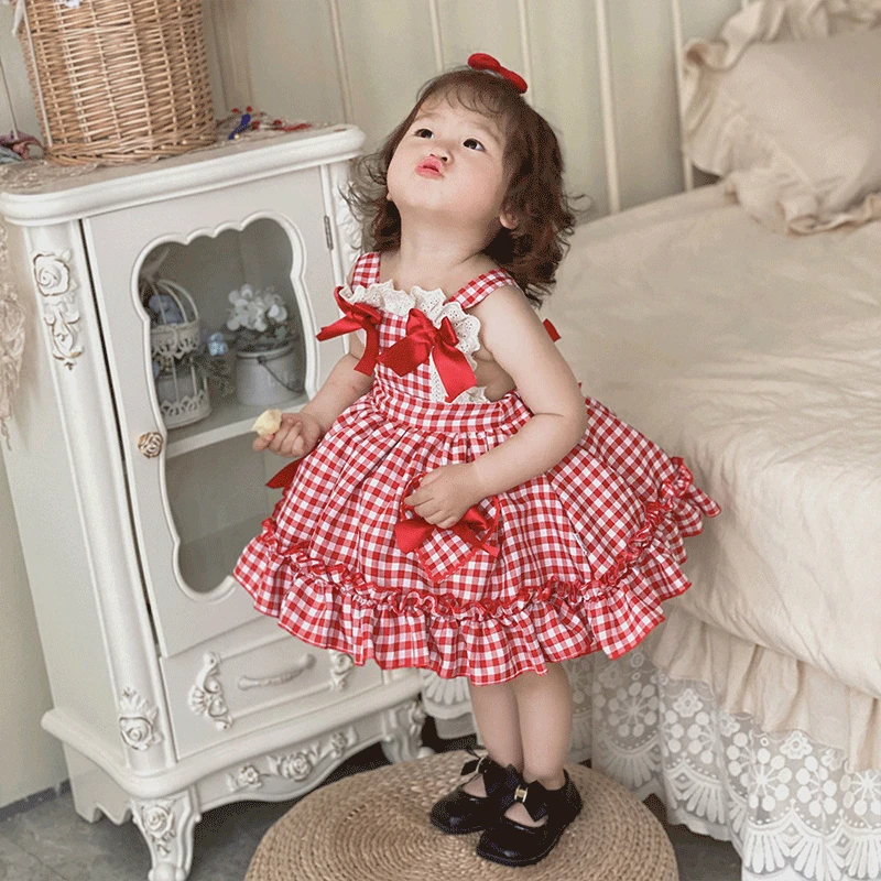Girls Dress 2025 New Plaid Red Kids Party Clothes for