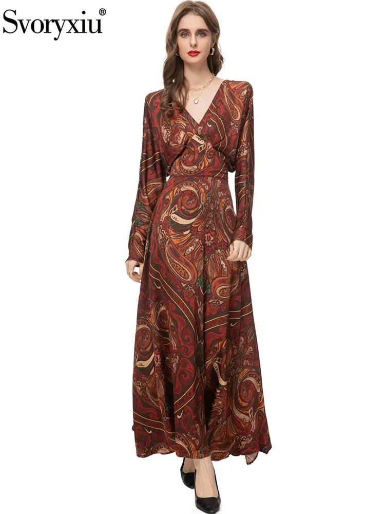 

Женское платье в пол Svoryxiu, разноцветное винтажное платье с V-образным вырезом, длинными рукавами, высокой талией и геометрическим принтом на осень 2019