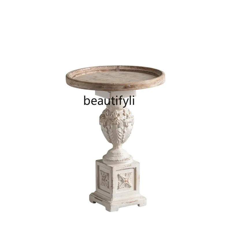 

American Retro Folk Living Room Balcony Sofa Side Table Homestay Hotel Decorative Marble Pillar Small round Table furniture