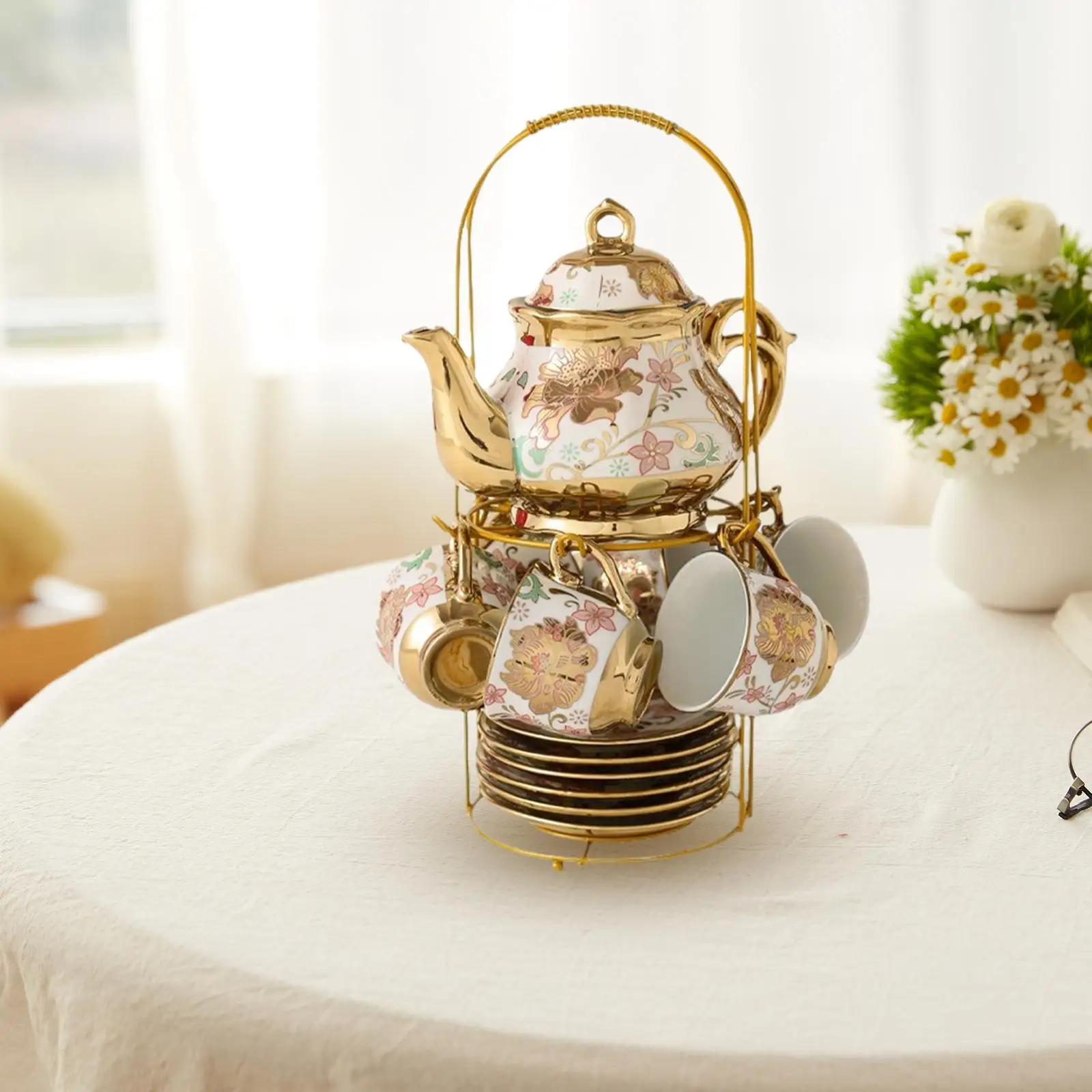 Porcelain Tea Set Coffee Cup Teacup With Saucer Spoons Teapot and Storage Rack Afternoon Tea Cup Set For Party Dining Room