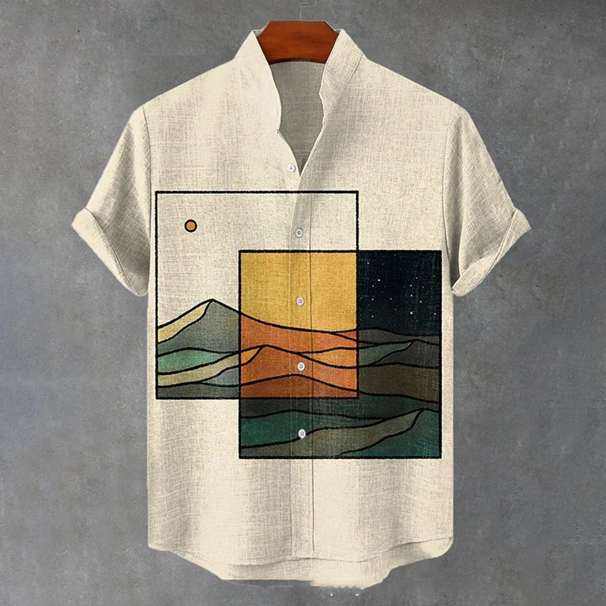 Men's Stand Collar Short Sleeve Shirt Bamboo Linen Fabric Crane Print Hawaiian Casual Loose Shirt