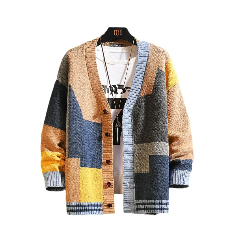 Autumn Winter High Quality Vintage Stitching Colors Men Women Casual Sweater Cardigan Multicolor Streetwear Loose Wool Knitwear 4