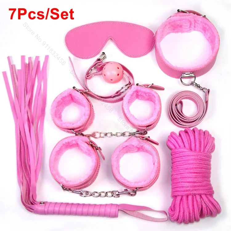 Sexy Leather BDSM Kits Handcuffs Nipple Clamps Whip Spanking Plush Sex Bondage Set Handcuffs Sex Games Sex Toys for Women Men