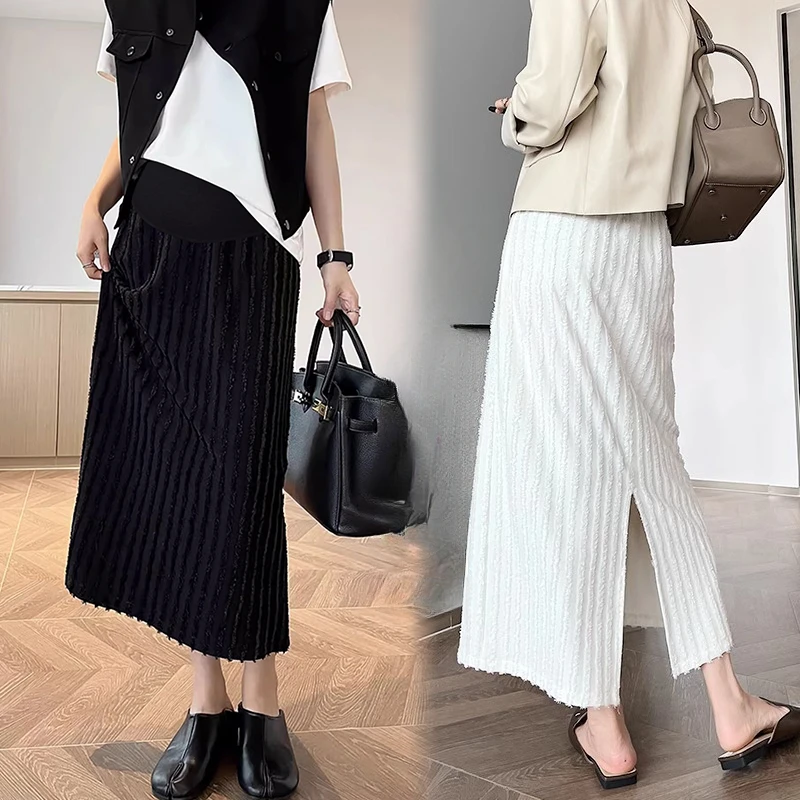 Good Quality Maternity Fleece Skirts Spring Autumn Back Split Tassel Patchwork Striped Pregnant Woman Mini Skirt