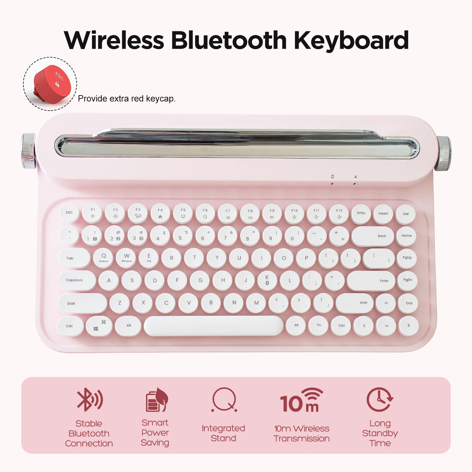 Yunzii Actto Teclado Bluetooth sem Fio B305 Rosa Bebê Máquina de Escrever Retro Estético Suporte Integrado para Multi-dispositivo - Imagem 6