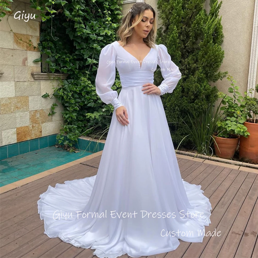 

Giyu Simple Puff Long Sleeves Silk Chiffon Wedding Dresses Sweep Train Square Neck Country Bridal Gowns Robe de mariage