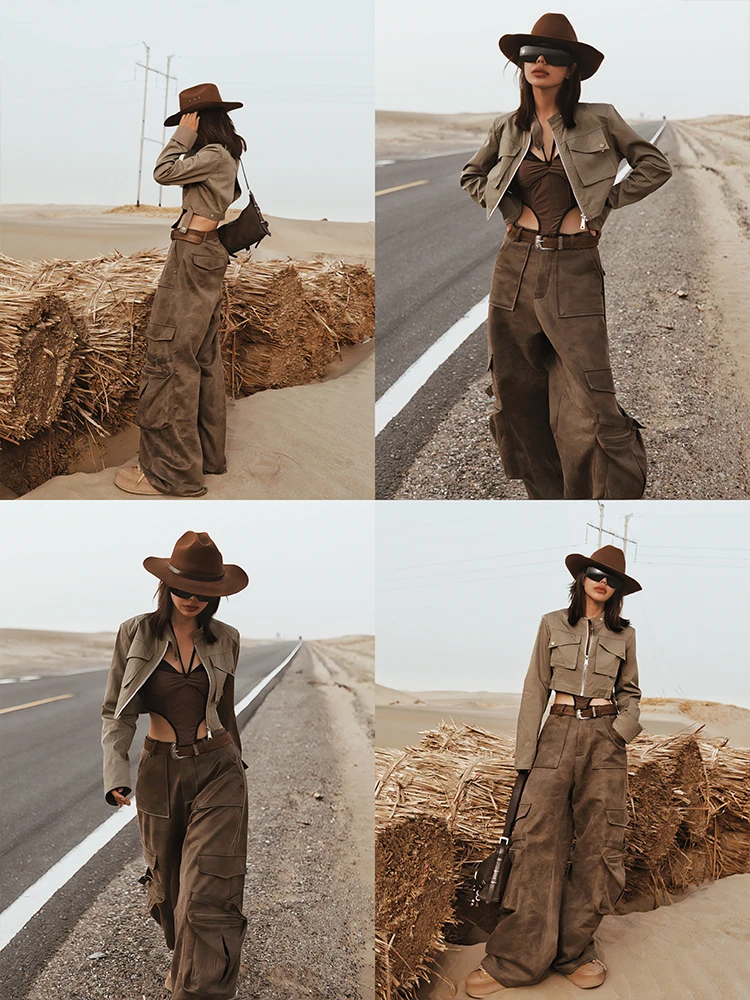 Designer Retro American Hot Girl Style Suede Overalls Straight-Leg Pants Trendy High Street Waste Style Women's Trousers Pants