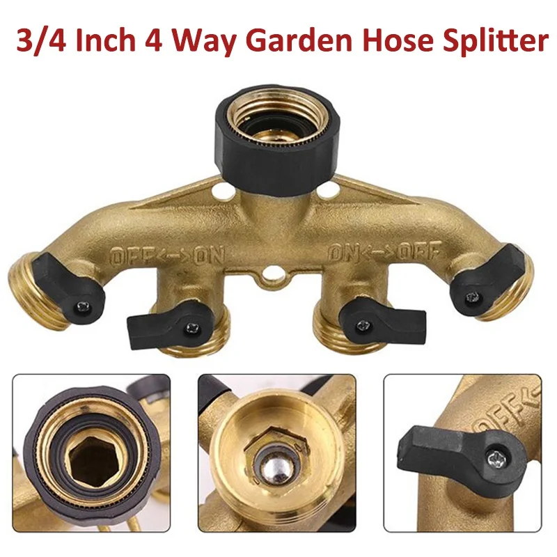 

4 Way Garden Hose Splitter with Shut Off Valves Brass 3/4 Inch Hose Connector Heavy Duty Garden Outdoor Hose Faucet Adapter