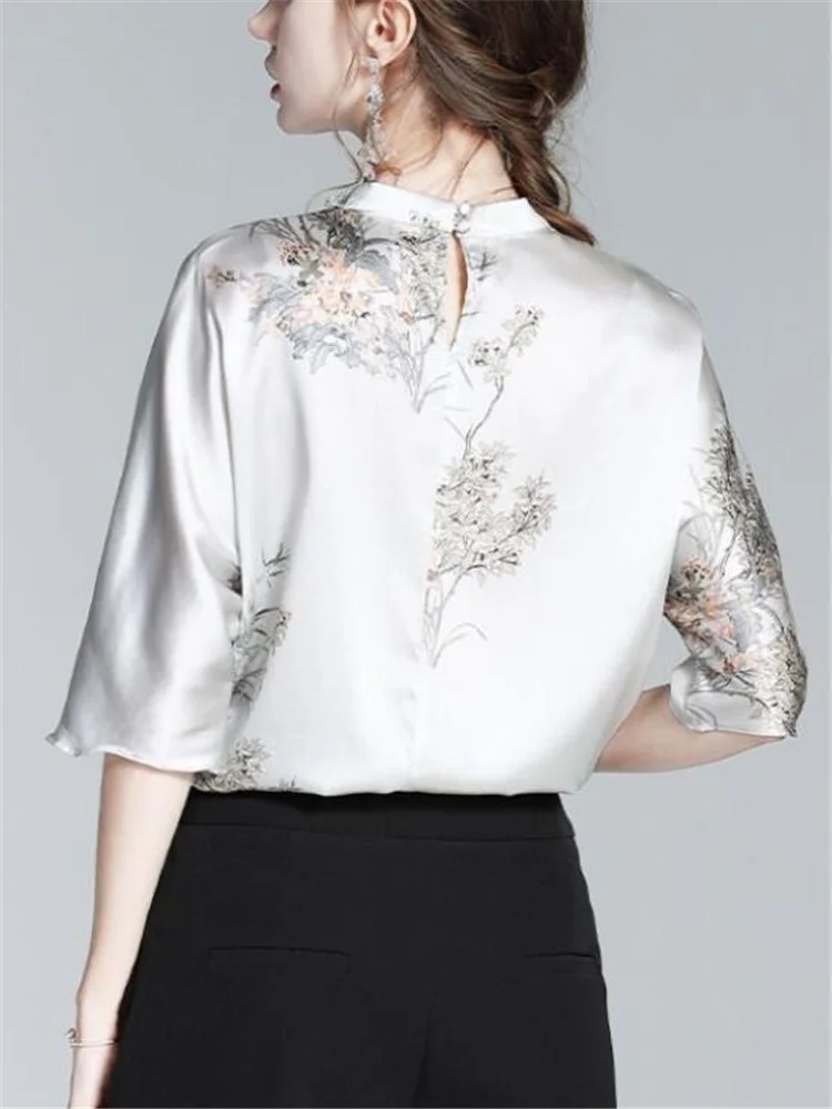 Vintage Pullover Shirt Ladies Blouses National Style Summer Half Sleeve Top  Retro Button Strap Print High-grade Women\'s Blouses