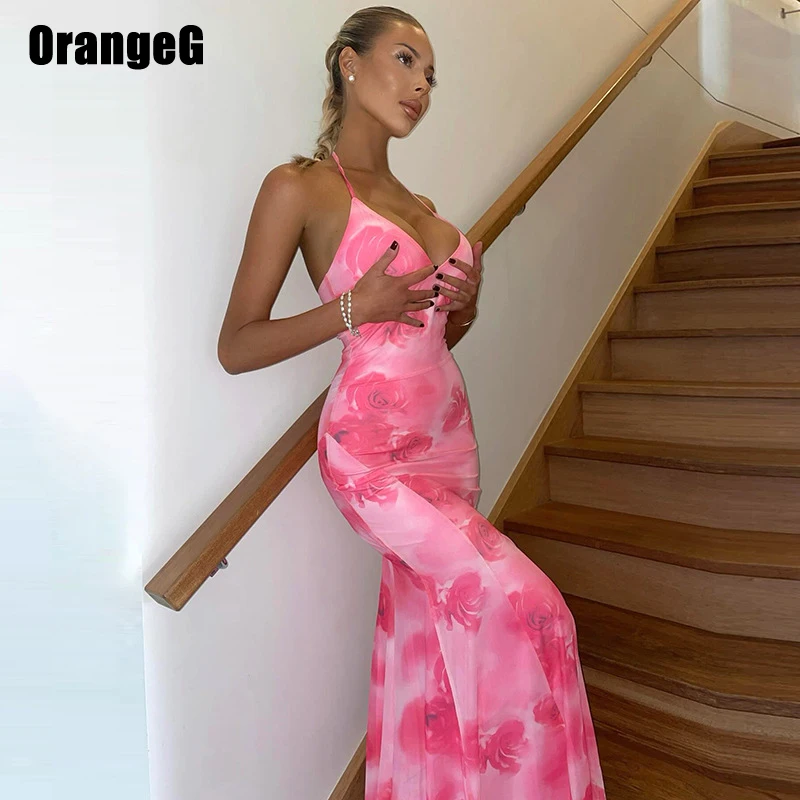 

OrangeG Pink Flower Printed Trumpet Long Dress Partywear V Neck Sweetheart Halter Backless Hipster Flare Outfits Leisure Date