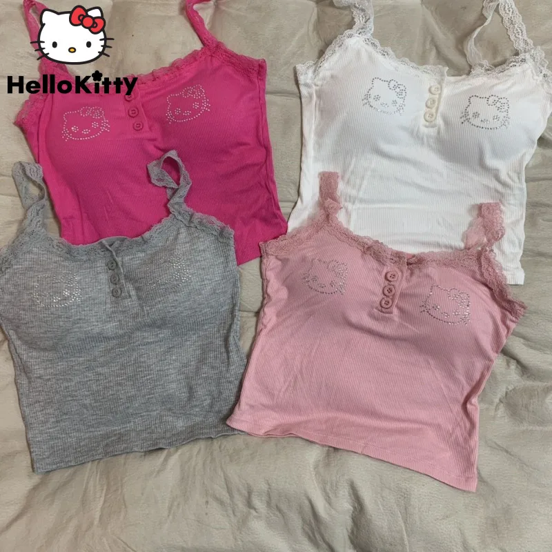 

Женский кружевной жилет Sanrio Стразы Hello Kitty Y2k, милый пикантный приталенный короткий топ на бретелях в японском стиле, летние модные майки