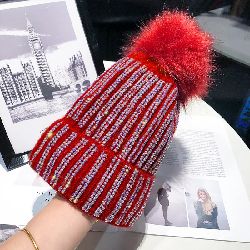 Women winter Beanie Fur ball Diamond Fashion warm knitted hat Shiny reflective beanie Outdoor warmth thick knitted hood 2022 6