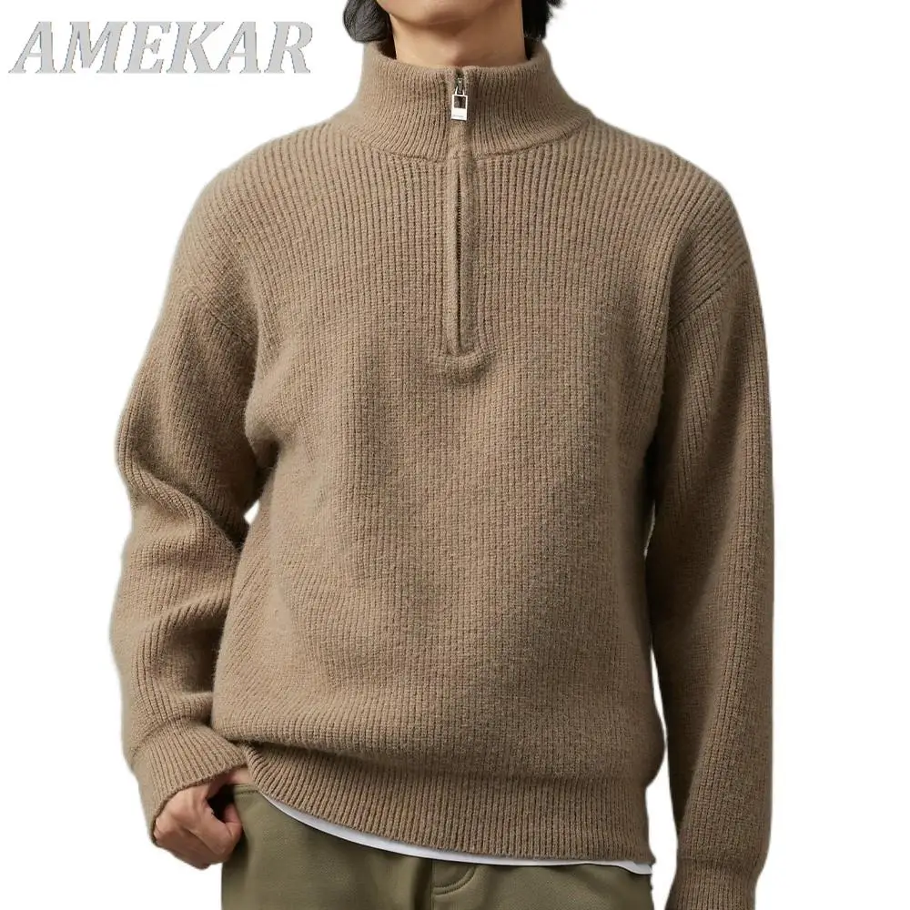 

2022 Quarter-Zip Half Turtleneck New Sweater Men Clothing Autumn Winter Regular Fit Business Casual Thick Warm Pullover Men