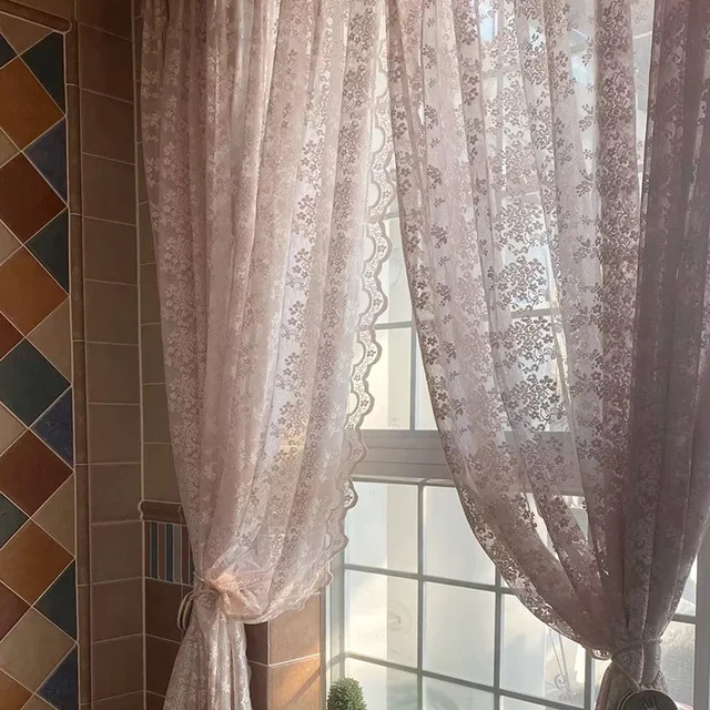 Tenda trasparente rosa fiore francese romantico jacquard tende per finestre del soggiorno tenda in tulle macramè di pizzo per camera da letto 1