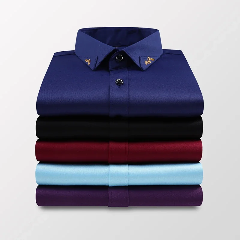 Dress Shirts BROWON Spring Autumn Silky Fabric Men Shirt Long Sleeve Dresss Shirt Men Wedding Party Slim Turn Down Collar Size 5XL