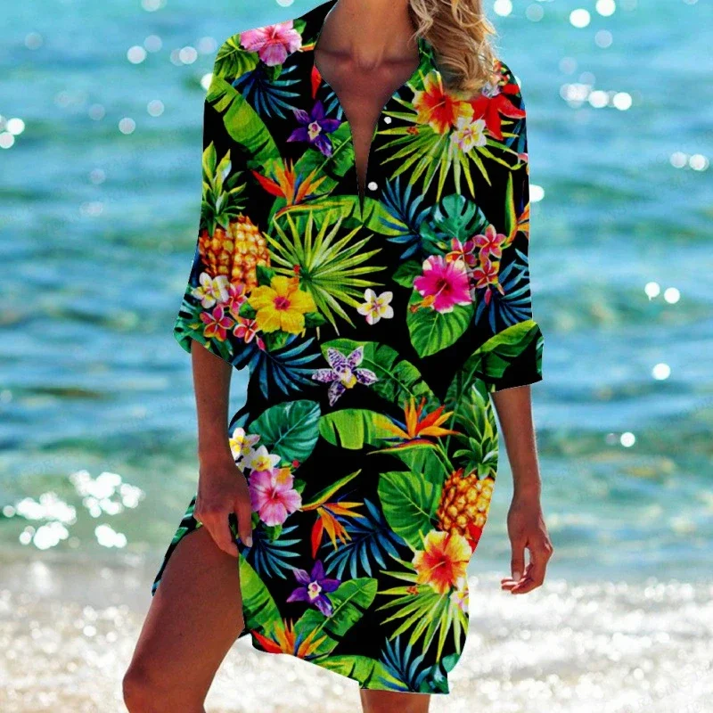

Tropic Plant Flower Blouse Button Up Long Sleeve Shirt Flamingo Blouses Women Fashion Long Blouse Women Shirts Sunscreen Holiday