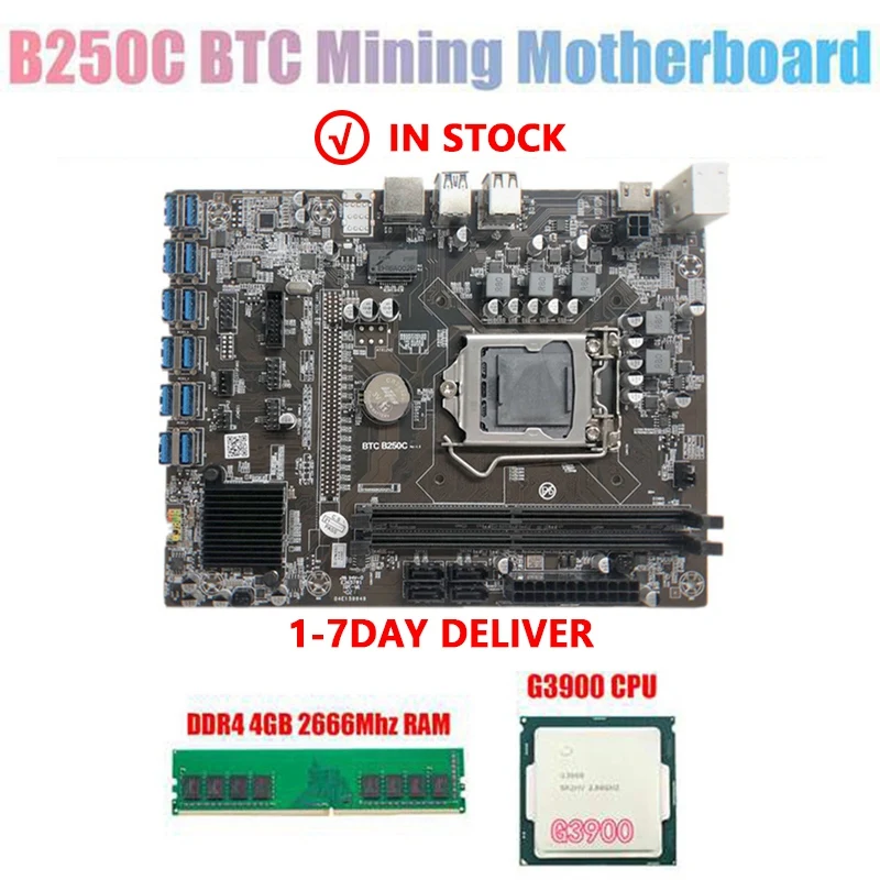Материнская плата b250 btc B250C для майнинга BTC с процессором G3900 + DDR4 4 Гб 2666 МГц ОЗУ 12xpcie