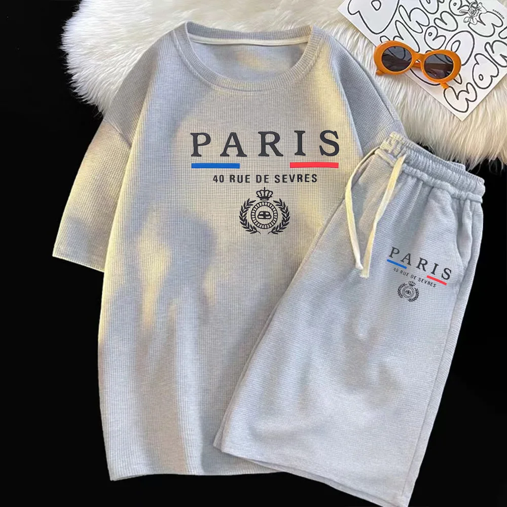 thumbnail image 1 of Conjunto de dos piezas de marca de verano con diseño de gofres para hombre, camisetas, pantalones cortos, traje deportivo, conjunto de jogging, chándal informal para hombre, conjunto masculino, 1 of 5