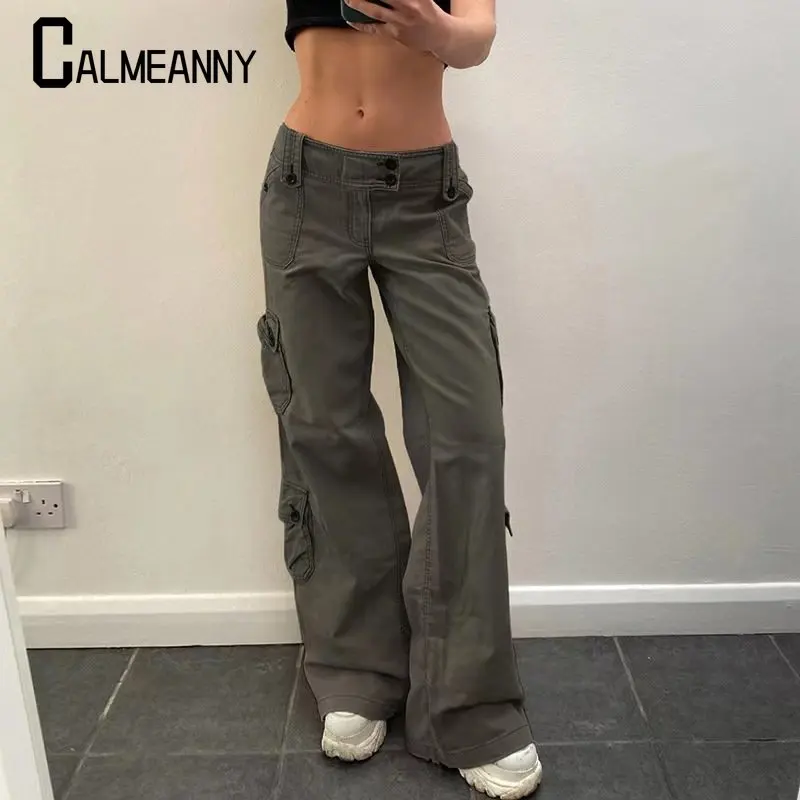 

Vintage Casual Streetwear Jeans Button Low Waist Y2K Aesthetic Casual Denim Pants Women Pockets Stitching Straight Cargo Pants