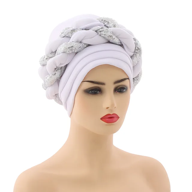 Turbans for Women Pleated Beanie Headwrap African Hat Arab Wrap Muslim Scarf Hijabs Hair Aso Oke Auto Gele Readymade to Wear Cap 029