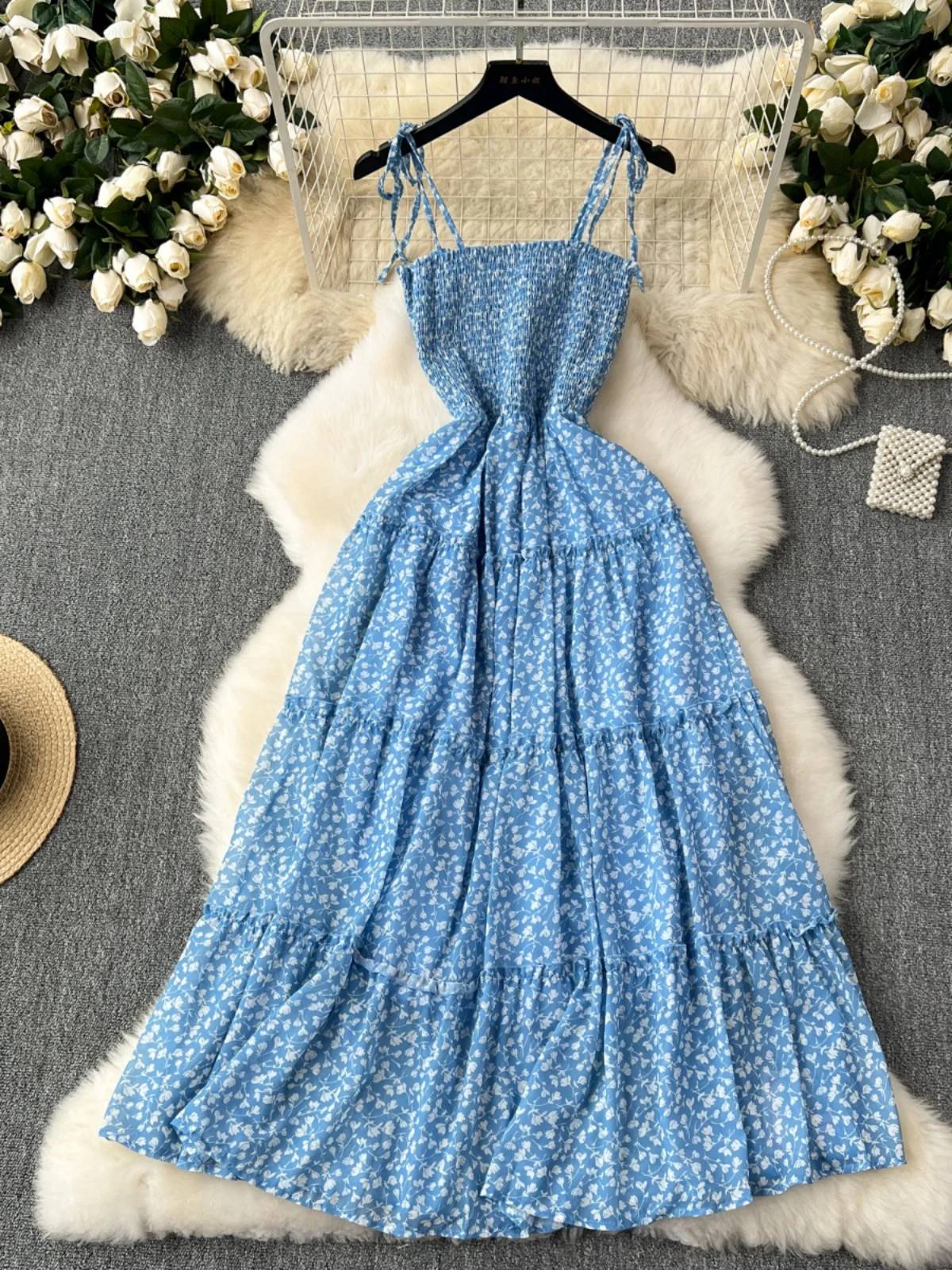 

SsTss Sweet Blue Floral Print Summer Dress for Women Elegant Lace-up Spaghetti Strap Sleeveless A Line Beach Holiday Sundress