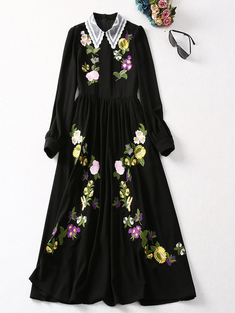 

Autumn Women Dress Beaded turn-down collar Rose Embroidery Hot drilling Black Slim Package hip Elegant Long Dresses