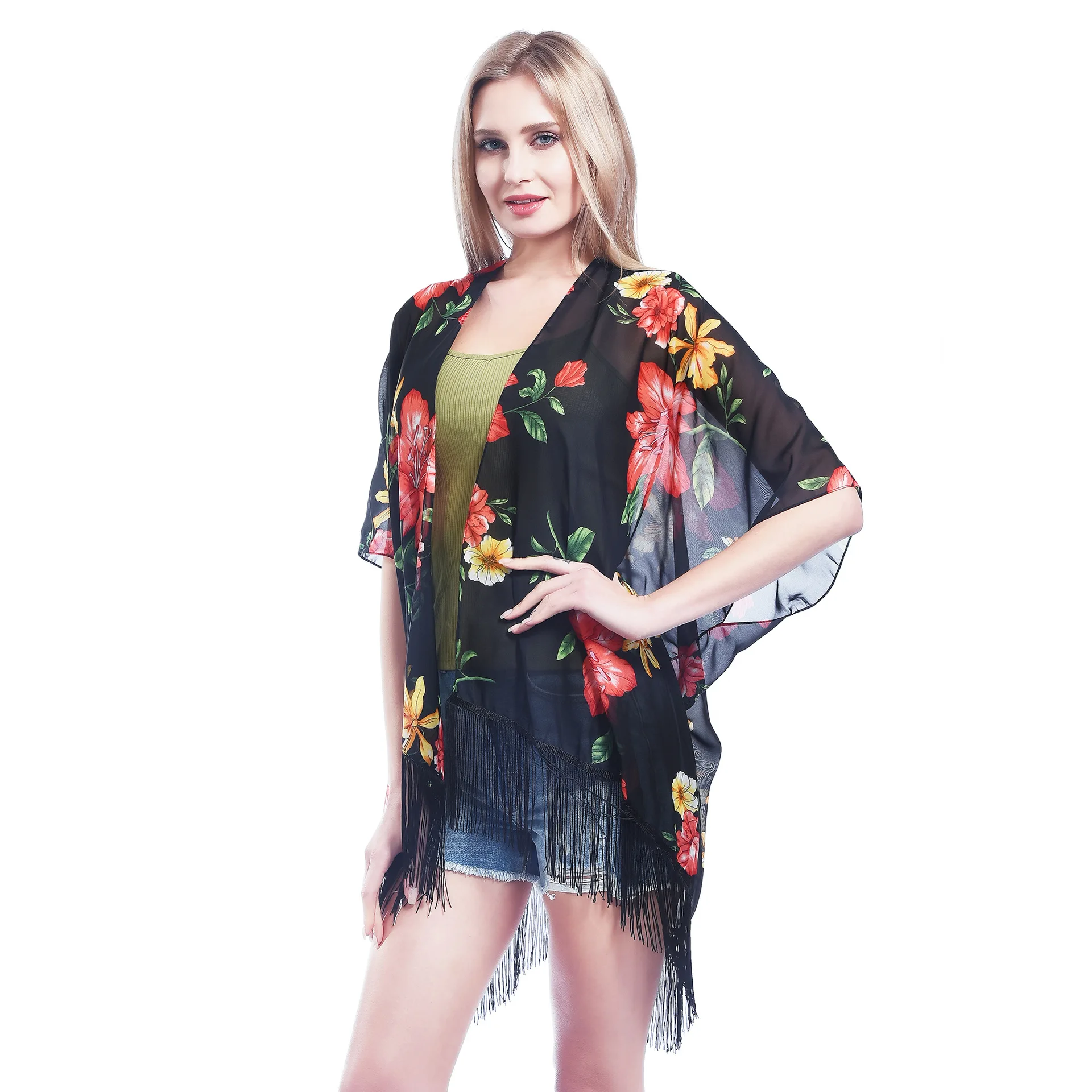 WeHello-여성용 플로럴 기모노 커버업, 경량, 레오파드 프린팅, 비키니, 가디건 및 수영복용 쉬폰 비치웨어