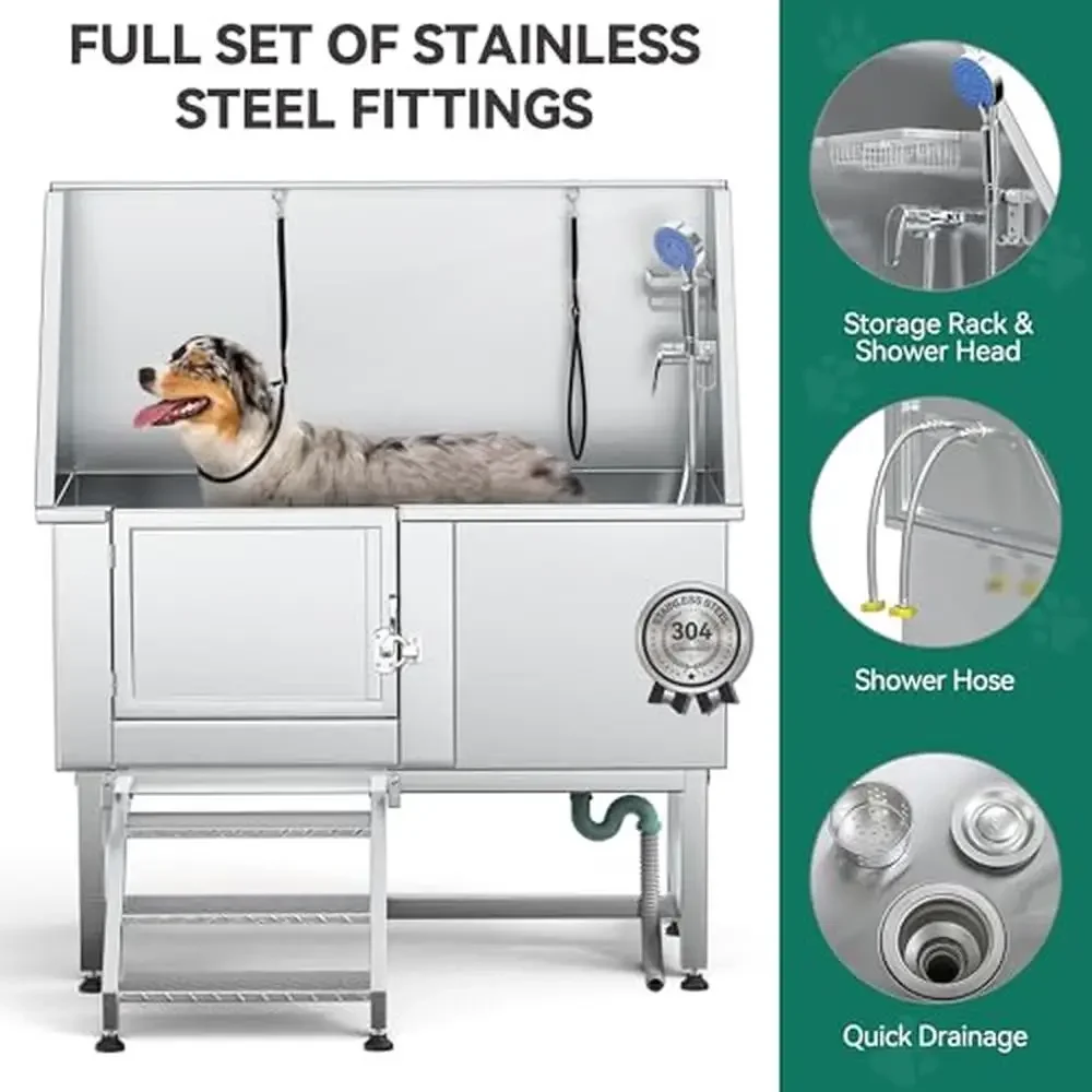 Adjustable Water Pressure Stainless Steel Dog Grooming Tub w/Steps Floor Grate Faucet Large Capacity 50" Professional Bathtub