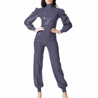Plus Size PVC Hight Street Romper Fashion High Neck Back Zipper Long Jumpsuit Women Puff Long Sleeve Solid Color Party Playsuit - Image 6