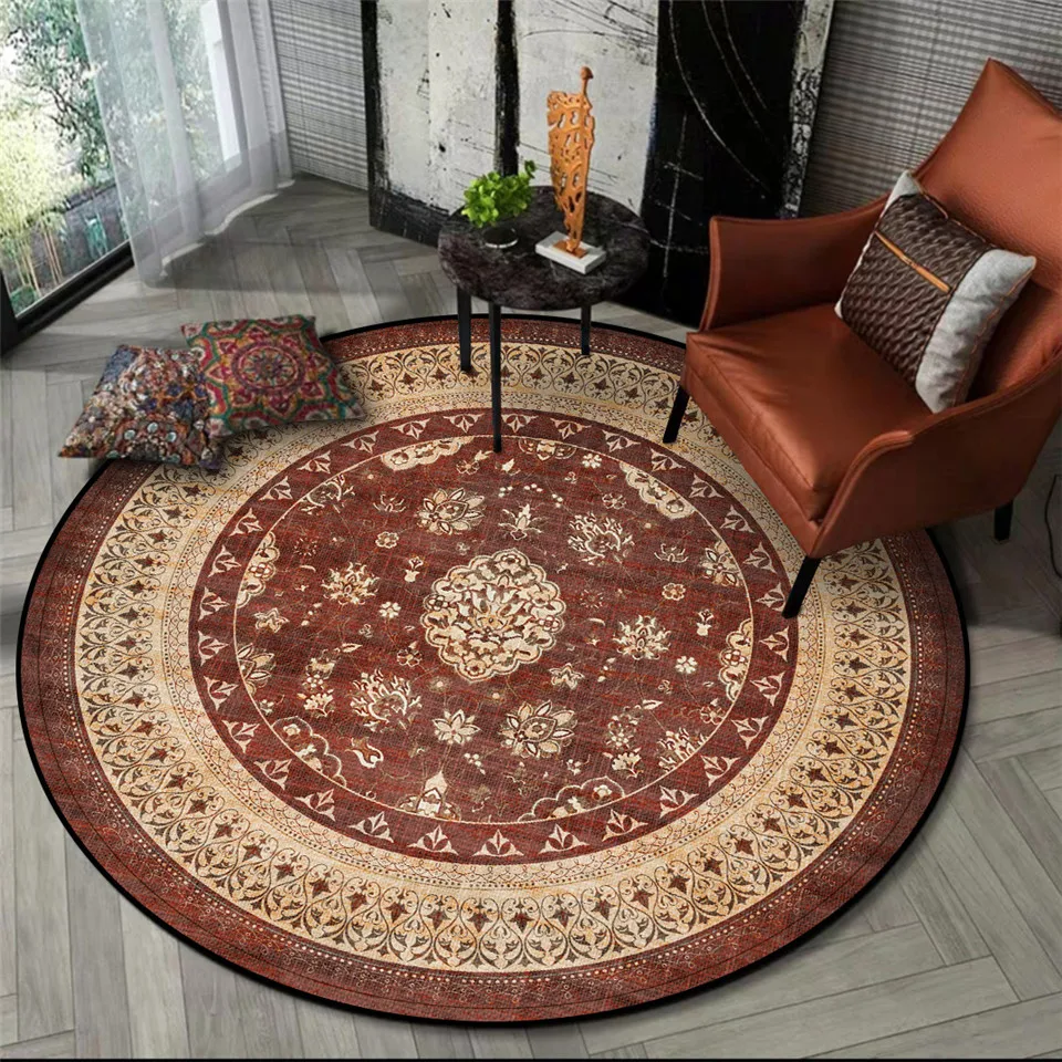 

American Style Brown Pattern Vintage Carpet Round Area Rugs For Home Living Room Bedroom Mats Floor Bedside Rug Retro Flower