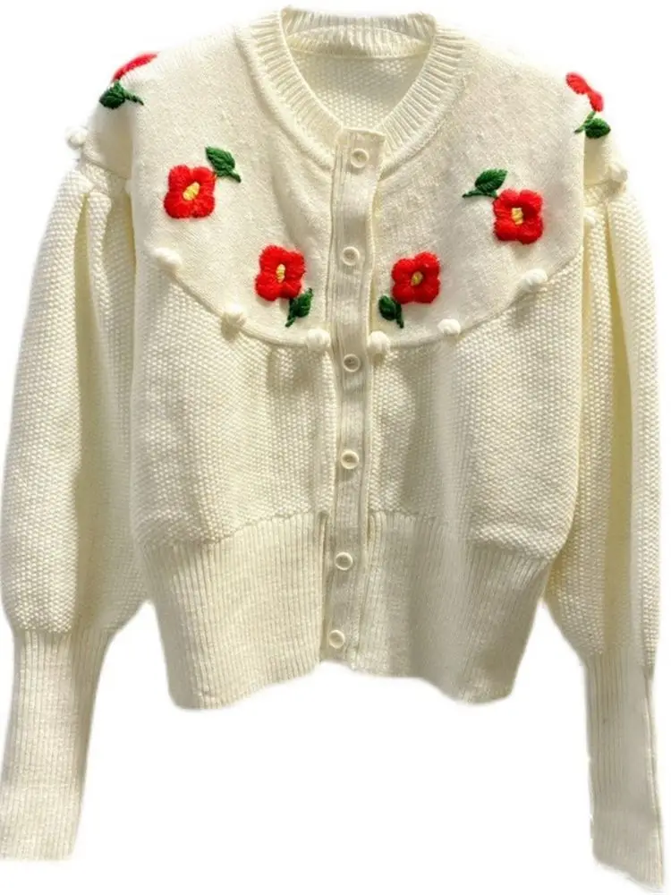 

Women Solid Color Embroidered Flower Knitted Cardigan 2023 Early Spring Ladies Vintage Temperament Lantern Sleeve V-Neck Sweater