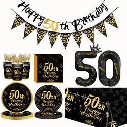 Black Gold Disposable Tableware For 50th Birthday Party Decor Supplies Plates Tablecloth Birthday Banner 40inch Number Balloon