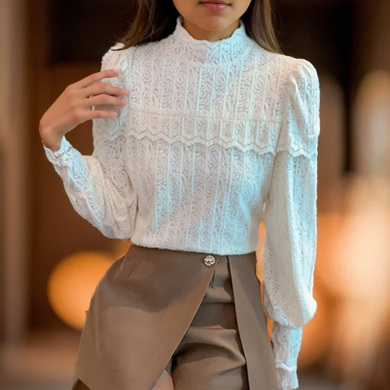 

Женская ажурная блузка с цветочным кружевом, Офисная Повседневная белая блузка с длинным рукавом и высоким воротником, 29743